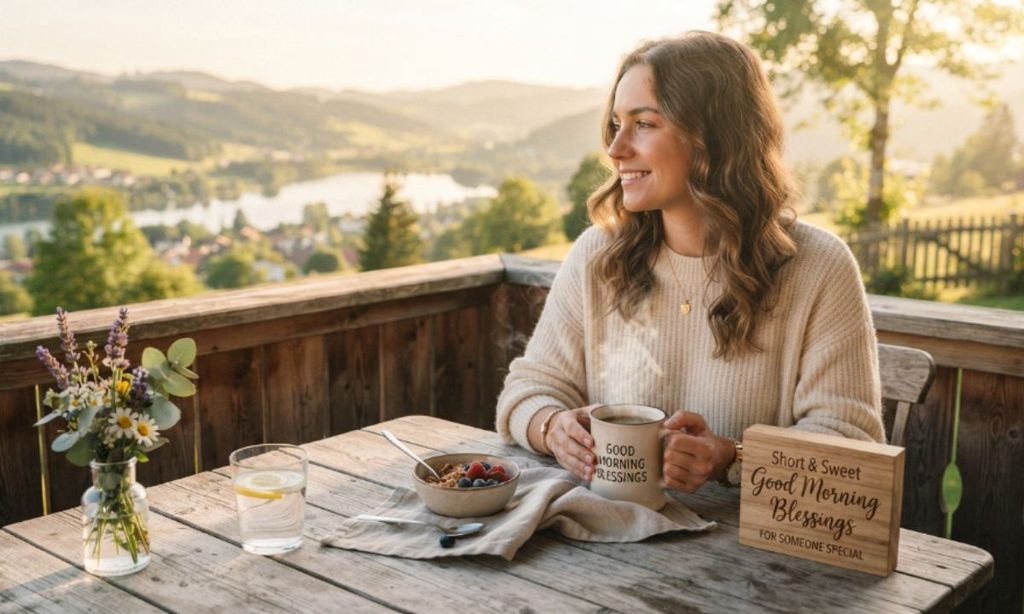 Woman smiling with a cup of coffee on a wooden deck at sunrise beside a sign reading Good Morning Blessings
