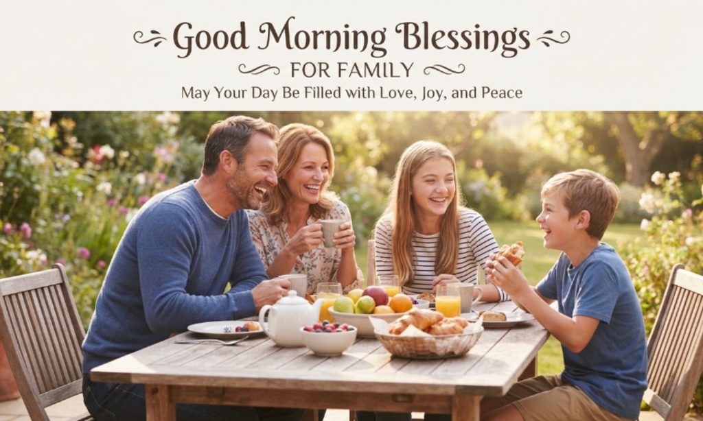 Good morning blessings for family: parents and two children sharing breakfast at an outdoor table