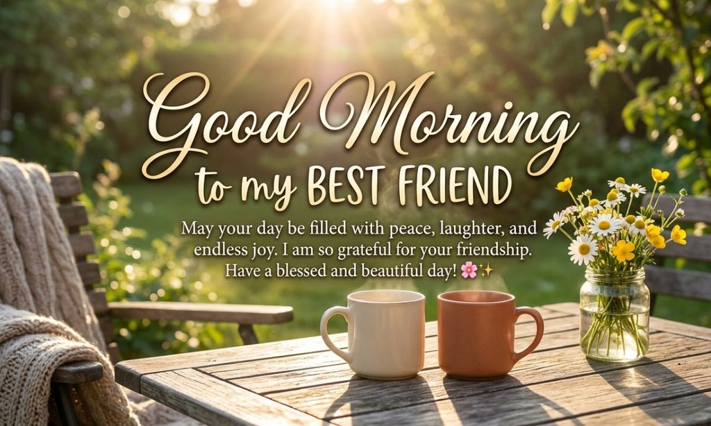 Good morning blessings quotes card for a best friend with two coffee mugs and wildflowers on a garden table
