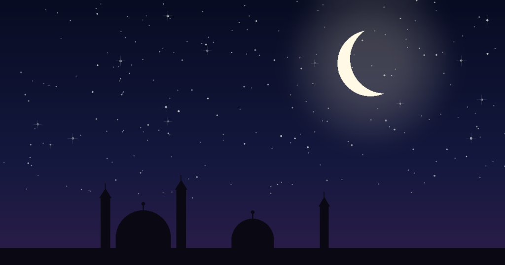 Islamic dua before sleeping under a night sky with crescent moon and mosque silhouette