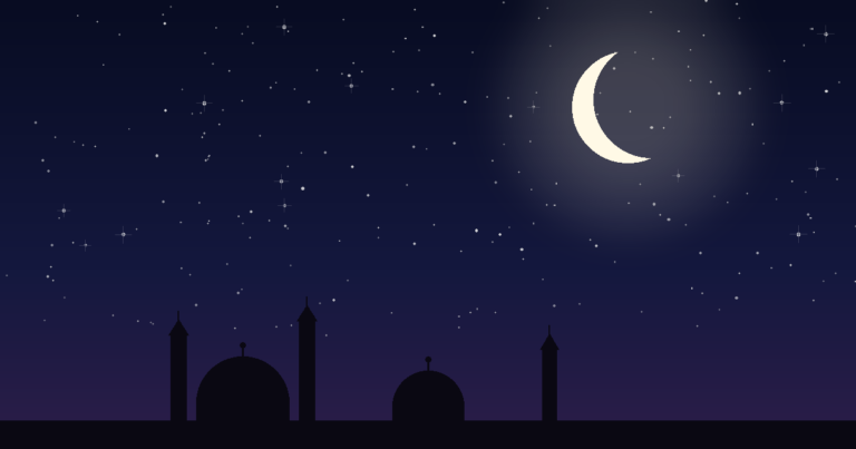Islamic dua before sleeping under a night sky with crescent moon and mosque silhouette