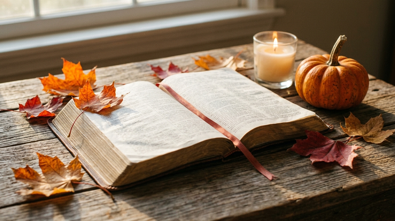 Bible on a table with autumn leaves for Thanksgiving blessings Bible verses