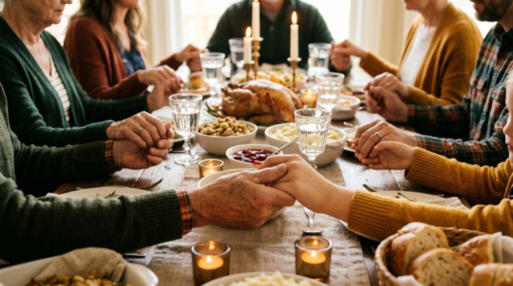 Thanksgiving wishes for friends and family: family holding hands in prayer at the dinner table
