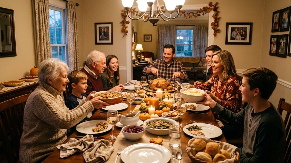 Family sharing Thanksgiving dinner at the table
