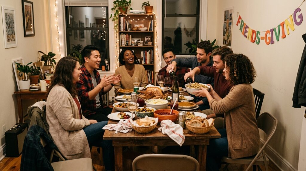 Friends laughing together at a Friendsgiving dinner table
