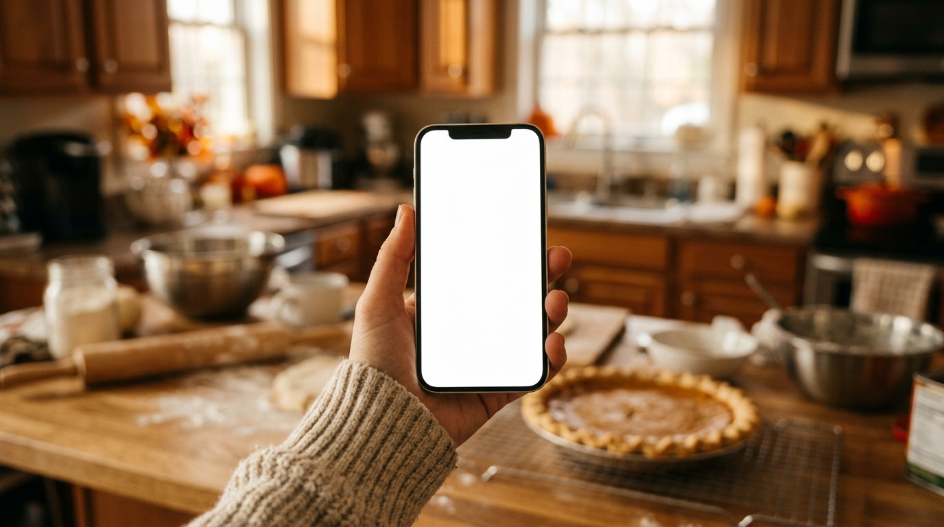 Hand holding a smartphone to send a Thanksgiving text message