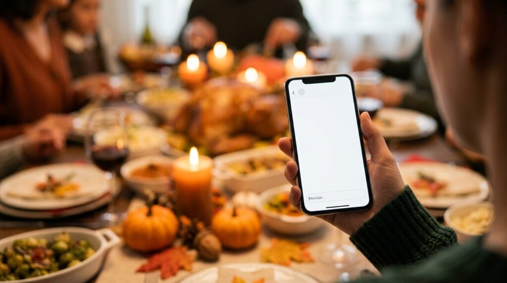 Hand holding a smartphone to send a short Thanksgiving message