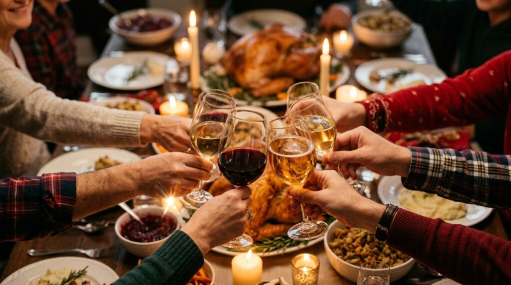 Hands raising glasses in a Thanksgiving toast at the table