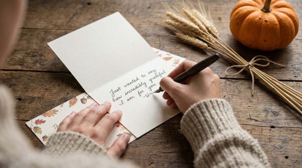 Hands writing a heartfelt Thanksgiving message in a card