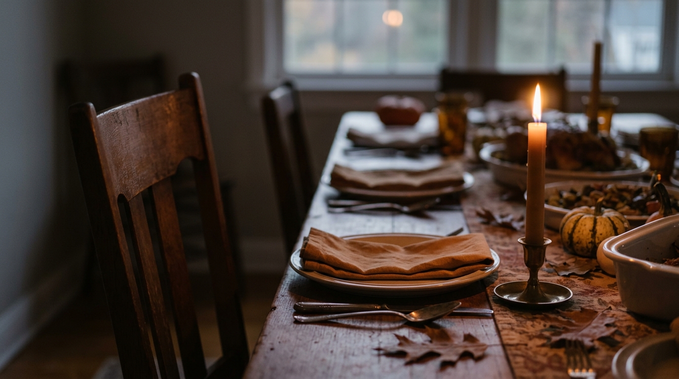 Lit candle on a Thanksgiving table for morning and evening blessings