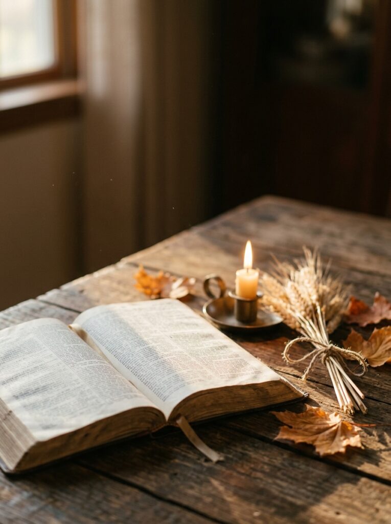 Thanksgiving blessings and quotes with an open Bible on a wooden table