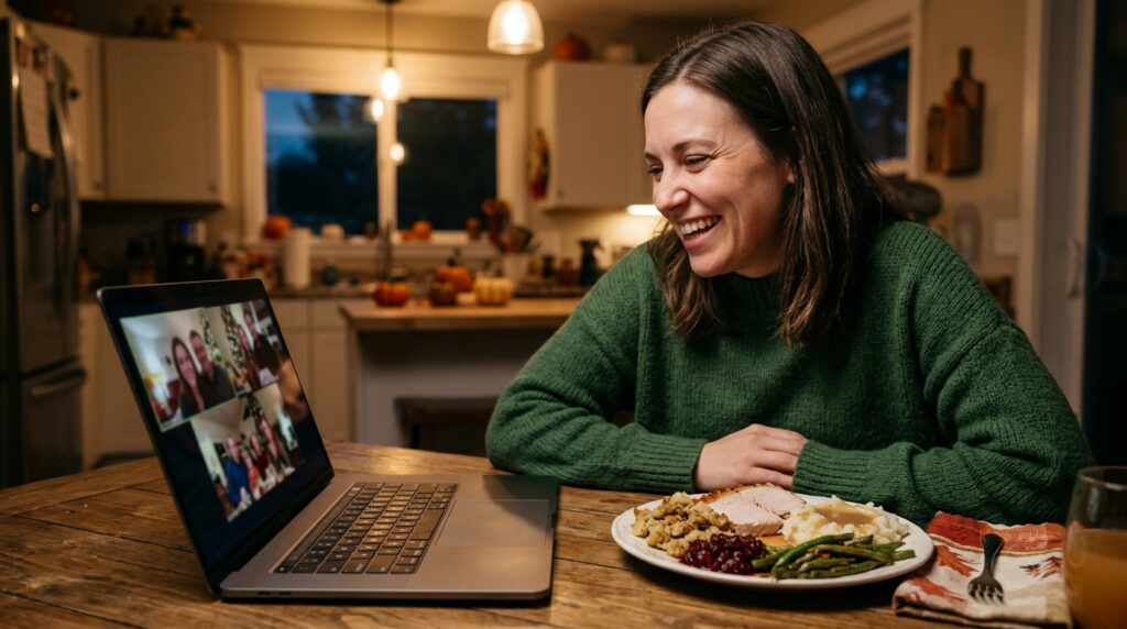 Person on a video call for a long-distance Thanksgiving