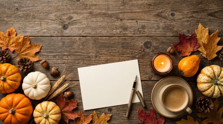 Happy Thanksgiving messages card on an autumn table
