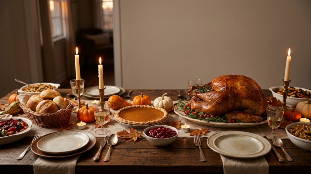 Thanksgiving quotes for family, friends and cards on a festive dinner table