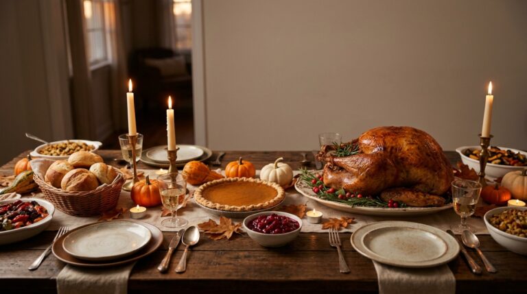 Thanksgiving quotes for family, friends and cards on a festive dinner table