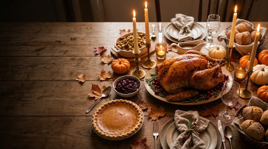 Happy Thanksgiving blessings table with roast turkey, pumpkin pie and candles