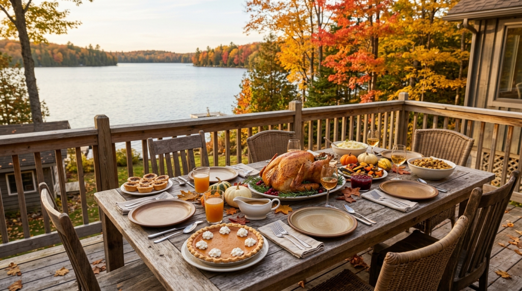 Lakeside cottage dinner for Canadian Thanksgiving captions