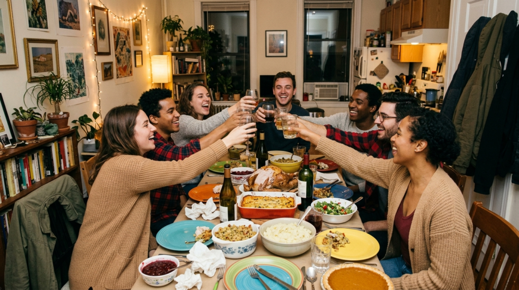 Friends toasting at a potluck for Friendsgiving captions