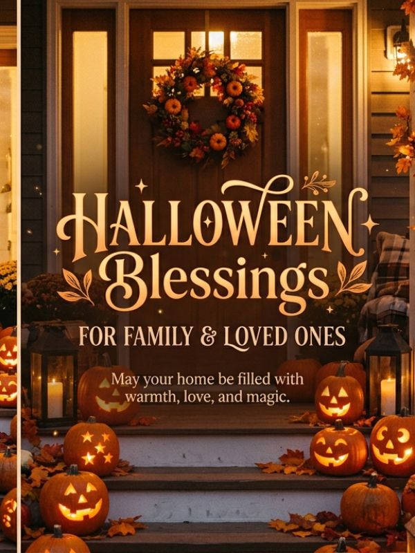 Halloween blessings for family and loved ones, with a front door wreath, lanterns and jack-o’-lanterns