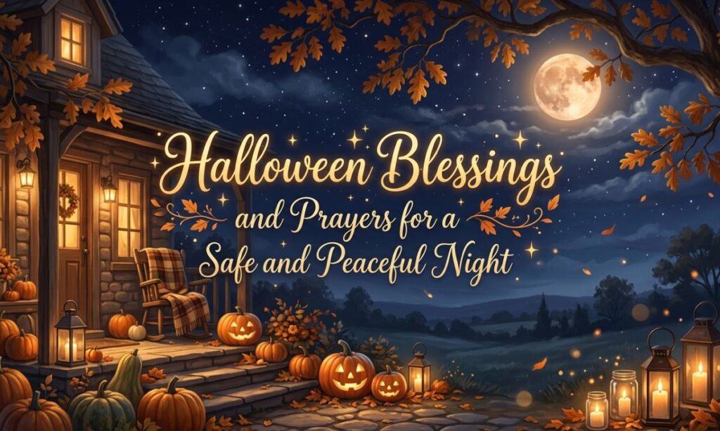 Halloween blessings and prayers for a safe and peaceful night, with a porch, pumpkins and lanterns under a full moon