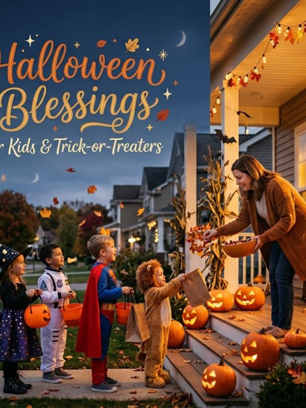 Halloween blessings for kids and trick-or-treaters as a woman hands candy to children in costumes on a porch