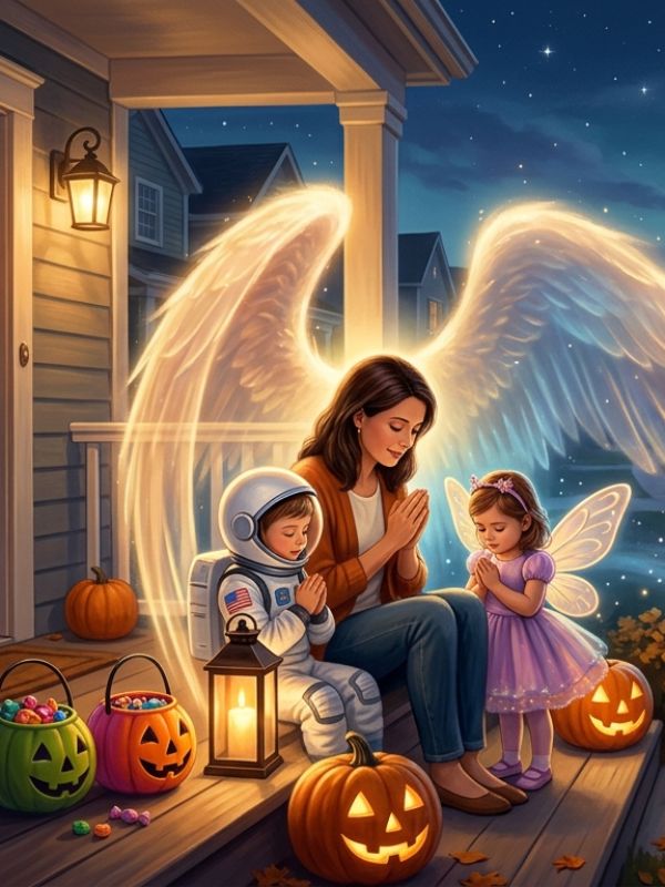 Mother praying with two children in Halloween costumes on a porch, with angel wings of light around them