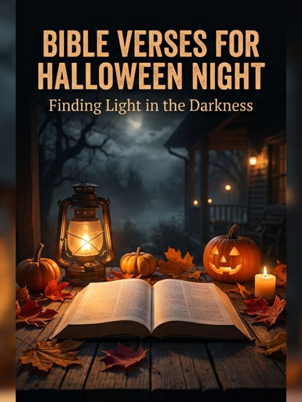 Open Bible beside a lantern, candle and carved pumpkin on Halloween night, finding light in the darkness