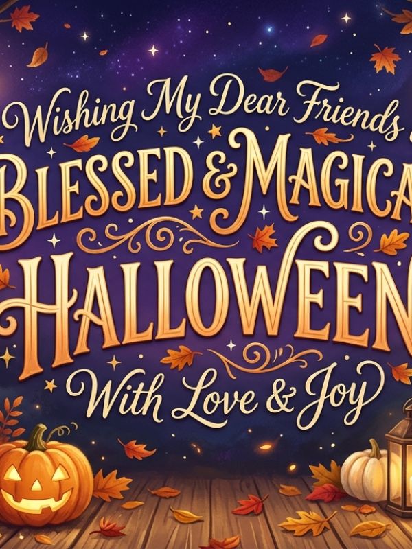 Blessed and magical Halloween wishes for friends, with love and joy, in gold lettering