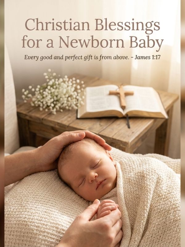 Christian blessings for a newborn baby with James 1:17, sleeping baby beside an open Bible and wooden cross