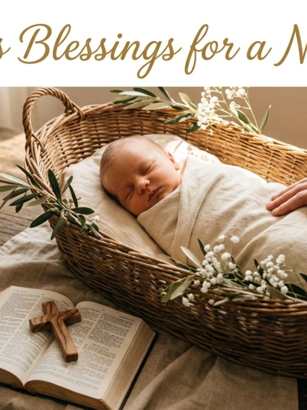 Newborn baby sleeping in a wicker basket beside a Bible and wooden cross, religious blessings for a new baby