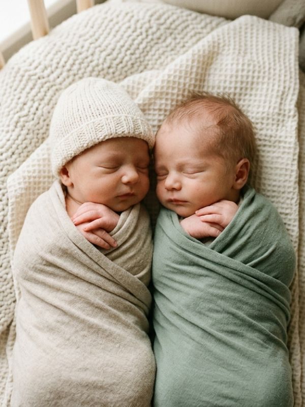 Newborn twins sleeping side by side wrapped in cream and green blankets