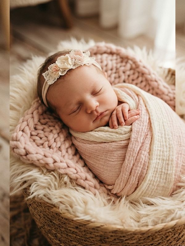 Newborn baby girl sleeping in a pink wrap with a floral headband