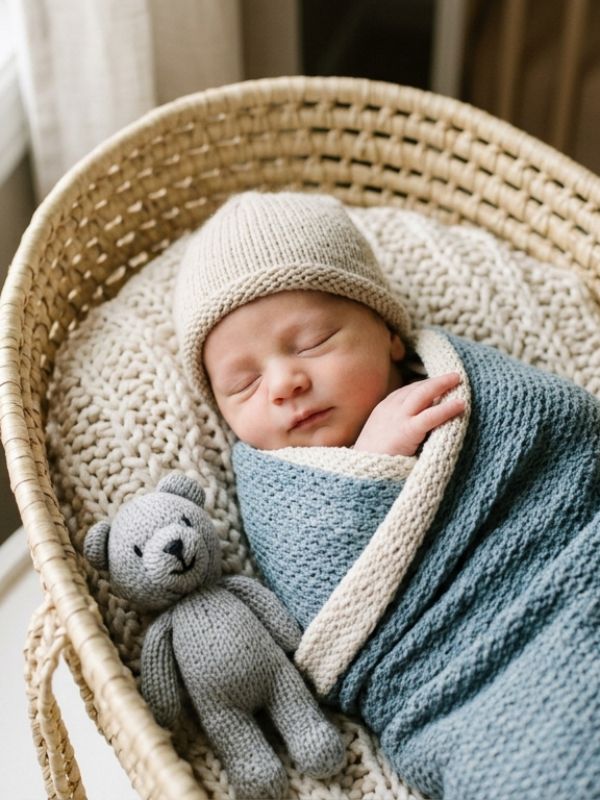 Newborn baby boy sleeping in a blue knit blanket with a grey teddy bear