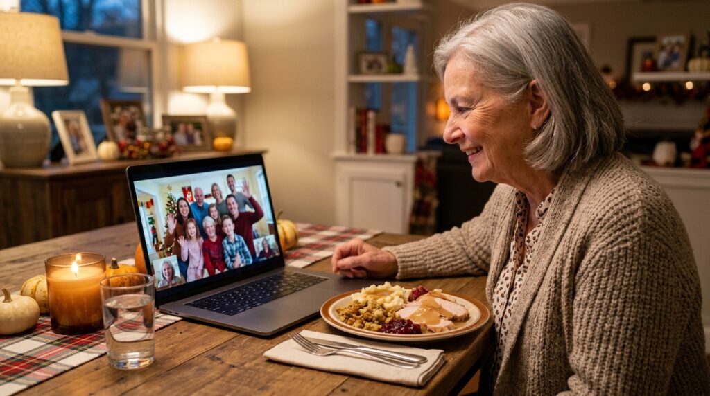 Long-distance Thanksgiving wishes on a family video call