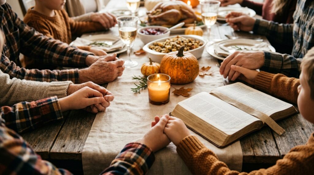 Blessed Christian Thanksgiving wishes and family prayer at the table
