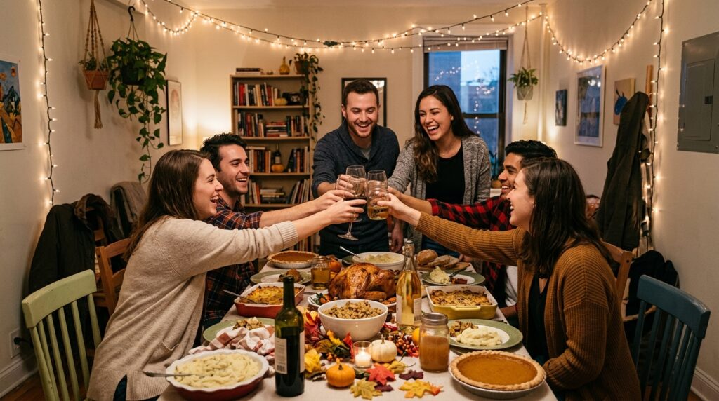Friendsgiving wishes for friends toasting at dinner