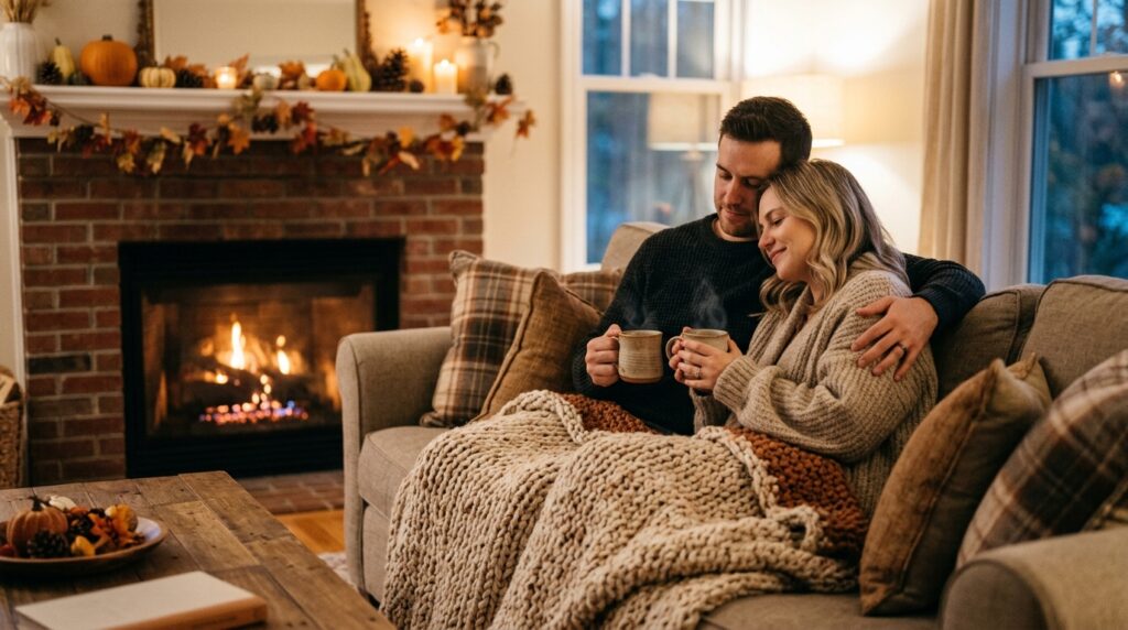 Romantic Thanksgiving wishes for husband and wife by the fireplace