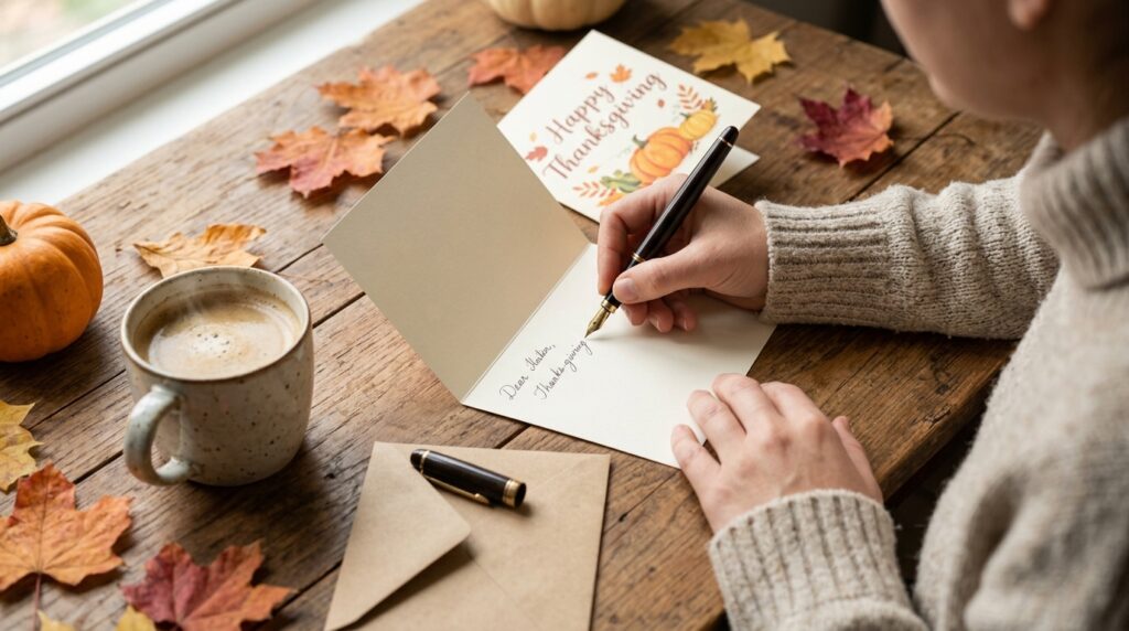 Writing warm Thanksgiving wishes in a greeting card