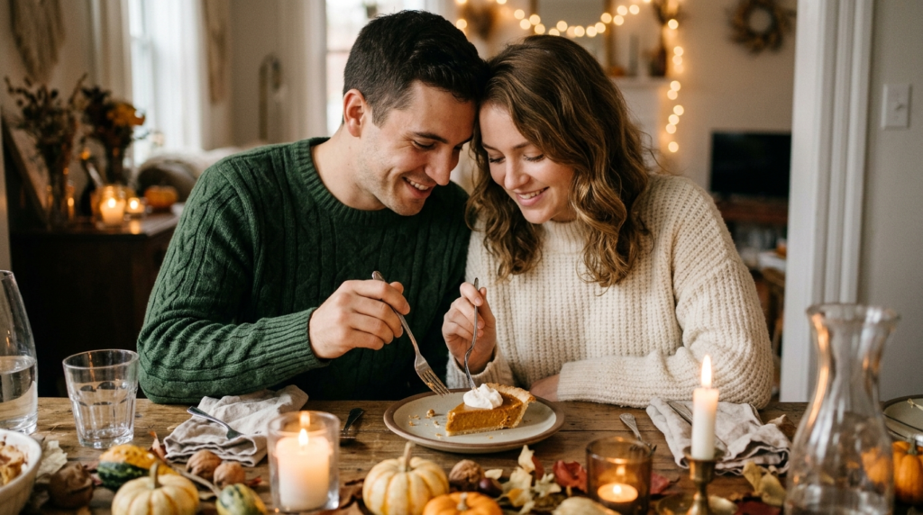 Couple sharing pie for Thanksgiving captions for couples
