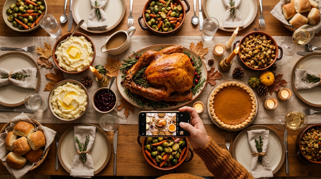 Thanksgiving captions for Instagram: phone taking a photo of a Thanksgiving dinner table