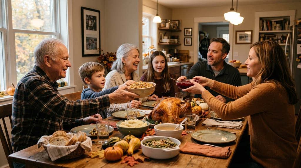 Family at the dinner table for Thanksgiving family captions