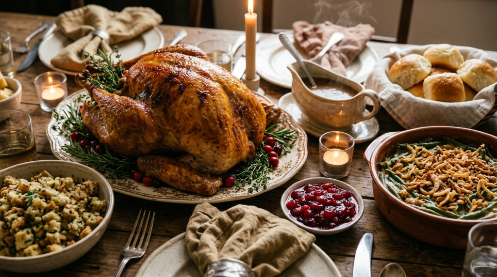 Roast turkey and sides for Thanksgiving food captions